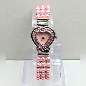 Womens Watch 24mm Heart Faux Pearls Crystals Bracelet Pink Mother Of Pearl Runs